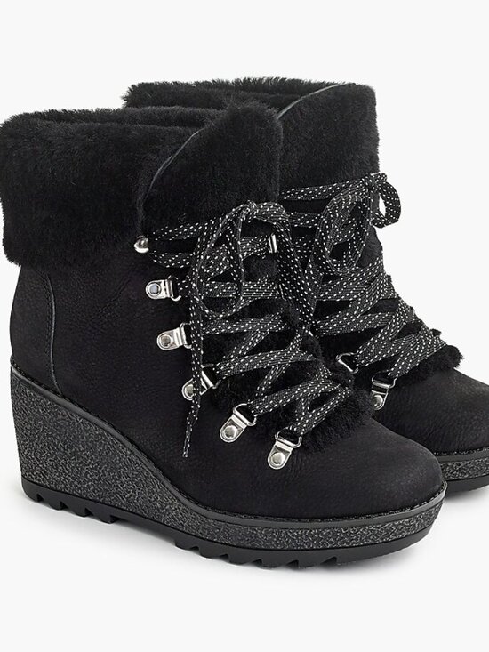JCrew Women's Nordic Wedge Winter Boots Fur Chunky Black sz 6 M Style K290 - Picture 1 of 8